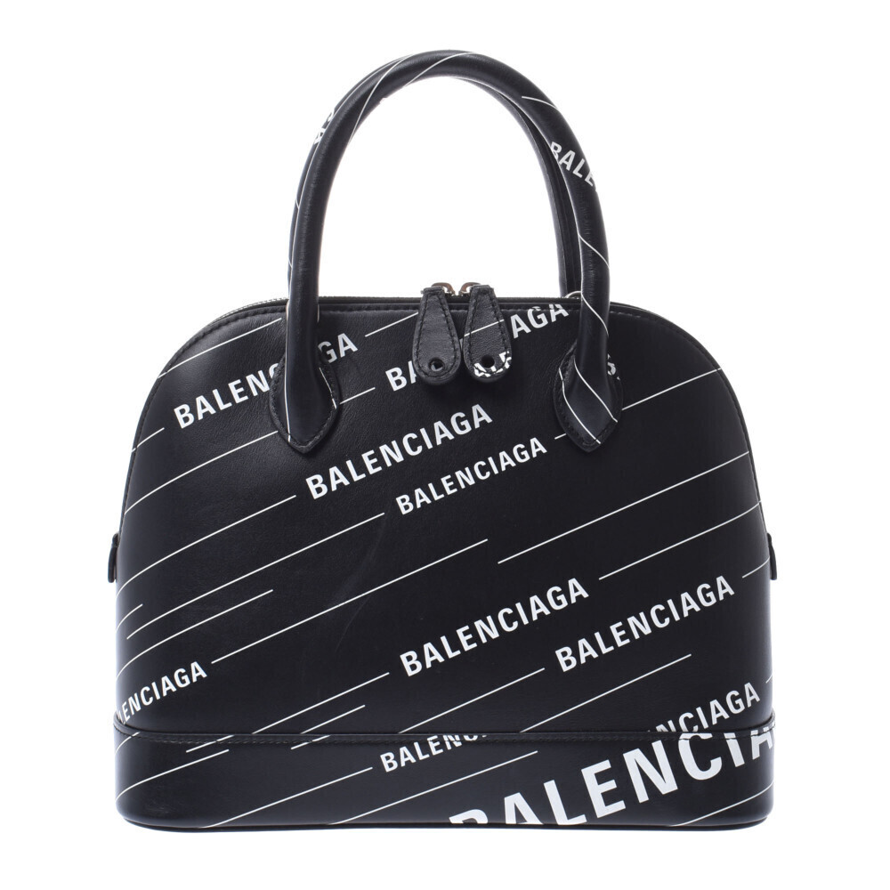 BALENCIAGA Ville Top Handle Logo Black White Leather Handbag